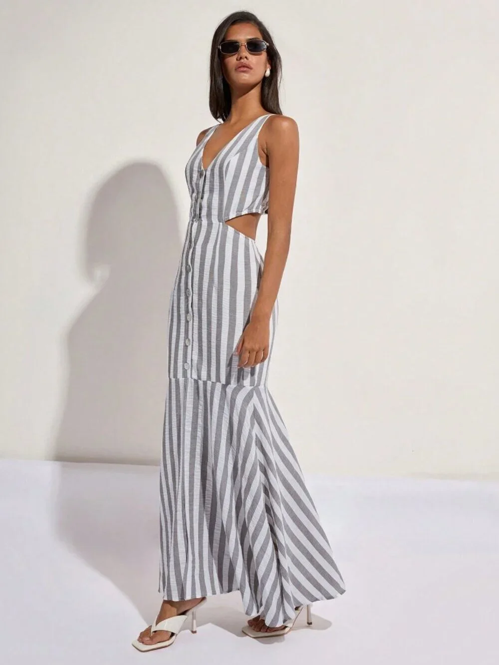 Multicolor Casual Women's striped hollow Back v-neck Mermaid maxi Dress vacay